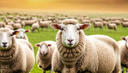Obraz premium a herd of sheep standing next to each other on a lush green field with a yellow sky in the background.