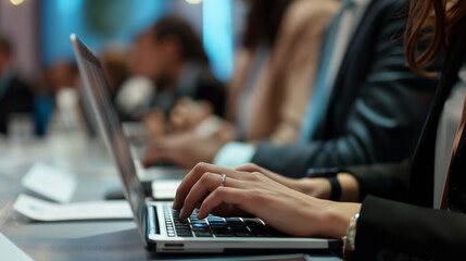 Imagem de close-up de mãos de empresários digitando no teclado do laptop.