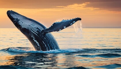 a humpback whale is jumping out of the water at sunset or dawn, with it's tail sticking out of the water.