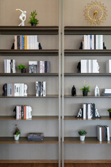 Stylish and neatly organized bookshelf with books, plants, and sculptures in a contemporary living...