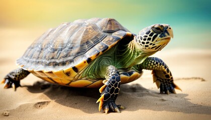 Obraz premium a close up of a turtle on a beach with a blue sky in the back ground and a blue sky in the background.