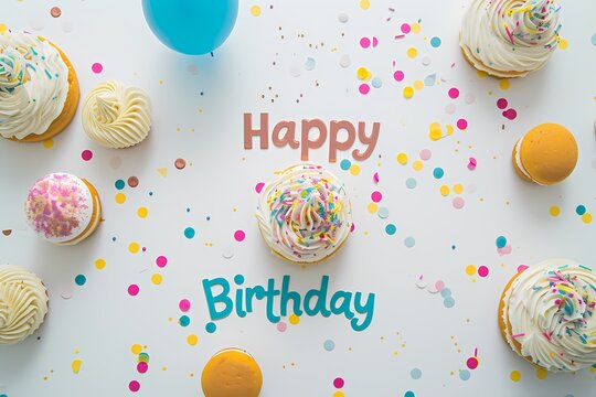 "Happy Birthday" message in a stylish font, perfectly placed on a pristine white background, photographed in high definition for a classic and joyful scene