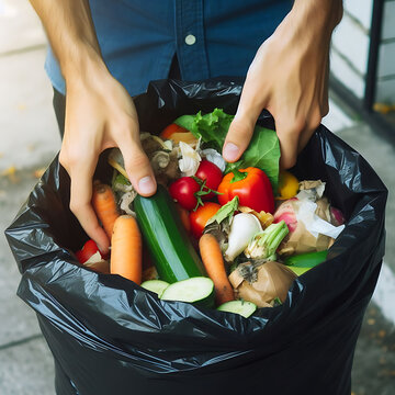 Close-up shot of a man's hand carrying food scraps and unused vegetable scraps Throw it in the trash with black bags. to separate different types of waste Wearing an apron in kitchen. stay home alone

