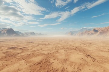 A vast, arid desert landscape with sandy dunes and distant mountains under a clear blue sky, illustrating the effects of extreme drought and land degradation.

