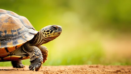 a close up of a tortoise on a dirt ground with grass in the back ground and a blurry background.