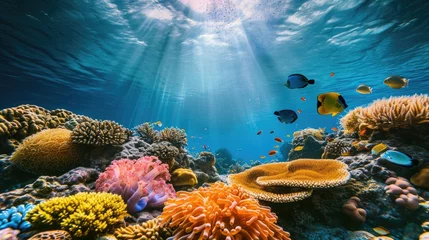 Cercles muraux Récifs coralliens An underwater coral reef scene, diverse marine life, vivid colors, showcasing the beauty and diversity of ocean life. Underwater photography, coral reef ecosystem, diverse marine life,. Resplendent.