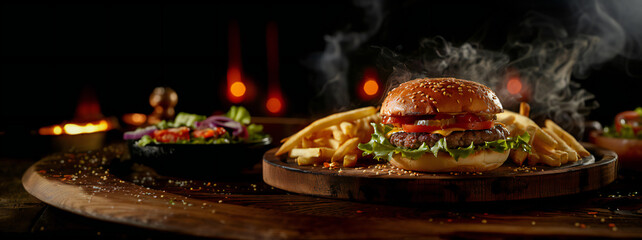 Tasty and fresh cheeseburger with french fries, cheese, lettuce and vegetables on a dark background...