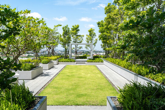 A neatly manicured rooftop garden pathway leading to a modern pergola with a panoramic city view.