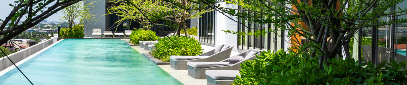 A luxurious rooftop infinity pool surrounded by lush foliage and stylish lounge chairs with a cityscape backdrop.