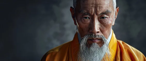 Foto op Canvas Portrait of Wisdom. Eyes of Experience. Clouse up Portrait of Chinese Martial Arts Master Monk. Copy Space. © Mladen