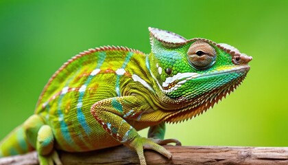 a close up of a chamelon on a branch with a blurry backround in the background.