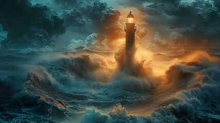 A photograph capturing a lone lighthouse standing against a colossal blue wave. The sky and ocean blend into a surreal blue landscape. Ai generative - obrazy, fototapety, plakaty
