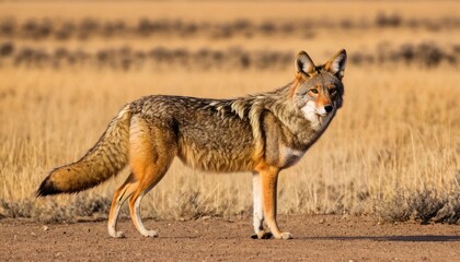 Obraz premium a close up of a fox on a dirt ground near a field with dry grass and bushes in the background.