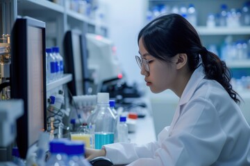 Focused female scientist working on a computer, analyzing research data in the high-tech environment of a contemporary laboratory.
