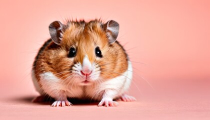 a brown and white hamster standing on its hind legs on a pink background with a pink wall in the background.