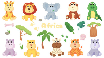 Obraz na płótnie Canvas Cute flat vector illustration with African animalsand plants: giraffe,crocodile,monkey, lion,tiger,zebra,rhinoceros,elephant,hippopotamus. and palms