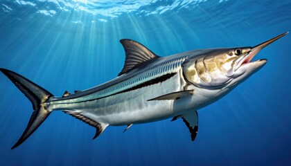 Obraz premium a close up of a fish on a body of water with sunlight coming through the water and a fish with its mouth open.