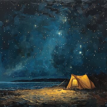 An evocative painting of a seaside campsite with a glowing tent under a vast starry sky and celestial bodies, generative ai
