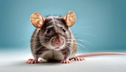 a close up of a rat on a white surface with a blue back ground and a light blue back ground.