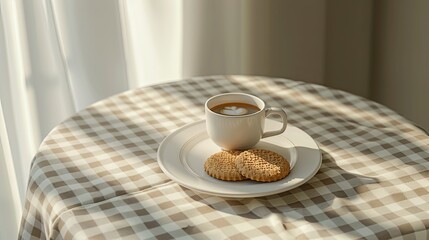 two cookies and a cup of coffee arrange on a white ceramic tray, resting on a checkered tablecloth atop a white round table.