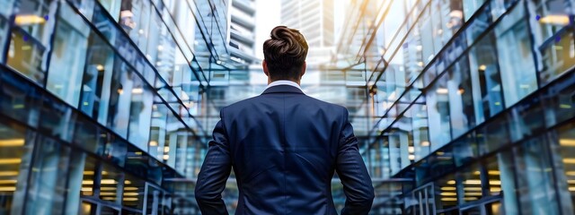 A back view of an smart man in a business suit is leaving his business building in an unknown city at night with soft lighting, investor people, investment business and finance