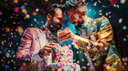 Fototapeta na wymiar Colorful Wedding Fun: Grooms Enjoy Heart Cake Together