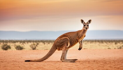 a kangaroo standing on its hind legs in the middle of a dirt field with a mountain range in the background.