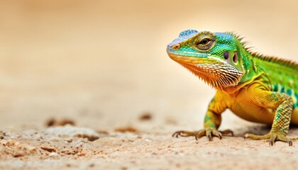 a close up of a green and orange lizard on a sandy ground with a light brown wall in the background.