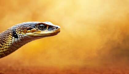Fototapeta premium a close up of a snake's head on a yellow and brown background with a blurry light behind it.