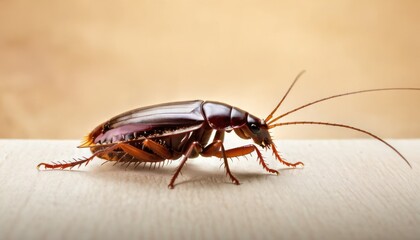 a close up of a cockroach on a white surface with a light brown back drop in the background.