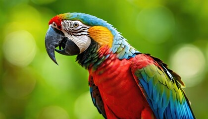 Fototapeta premium a close up of a colorful parrot on a branch with blurry trees in the backgrouds of the background.