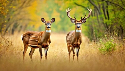 a couple of deer standing next to each other on a lush green forest filled with lots of tall brown grass. - obrazy, fototapety, plakaty