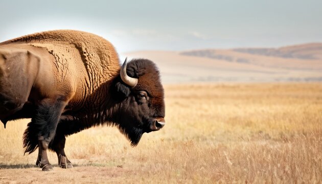 a large buffalo standing in the middle of a dry grass field with a mountain in the backgrouund.