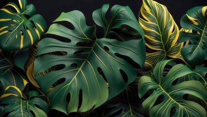 Lush tropical green and yellow leaves elegantly displayed on a captivating black backdrop, evoking a sense of exotic beauty