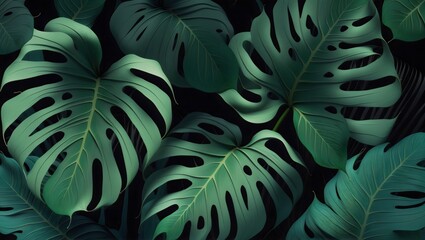 Tropical jungle leaves on black background, showcasing exotic green foliage in a vibrant tropical concept