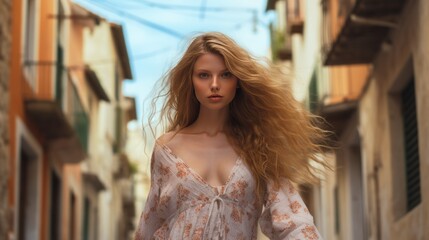 Beautiful european girl with long hair walking in the old european town. Caucasian woman walking through the streets of Europe. Travel concept.