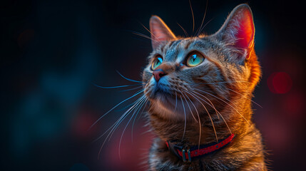 Grey Tabby Cat Looking Up on a Dark Background