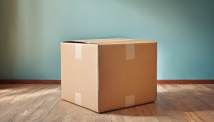 a cardboard box sitting on a hard wood floor in a room with a blue wall and a wooden floor in front of it.