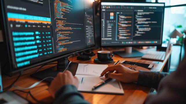 A focused software developer codes on a dual monitor setup in a modern office environment with a minimalist aesthetic. AIG41