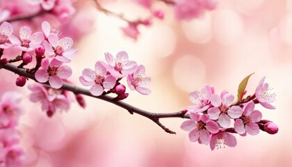 a close up of a branch of a tree with pink flowers in the foreground and a blurry background.