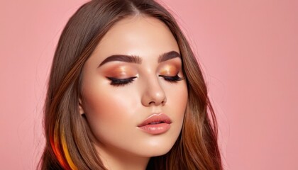 a close up of a woman's face with long brown hair and bright pink eyeshadow on a pink background.