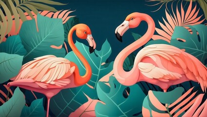Illustration of two flamingos standing among green and pink leaves in a Tropical-themed jungle setting