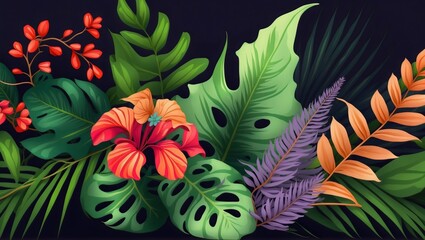A stunning illustration of tropical plants and flowers, showcasing a vibrant floral arrangement with blooming flowers, lush green leaves, and elegant ferns on a black background