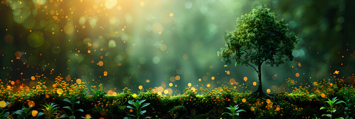 A background with bokeh resembling sunlight filtering through trees in a tranquil forest glade
 - obrazy, fototapety, plakaty