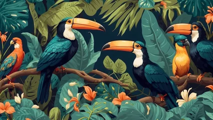Foto op Canvas Tropical birds, including toucans and parrots, perched on a tree branch adorned with flowers and green leaves in jungle © CraftyStarVisual