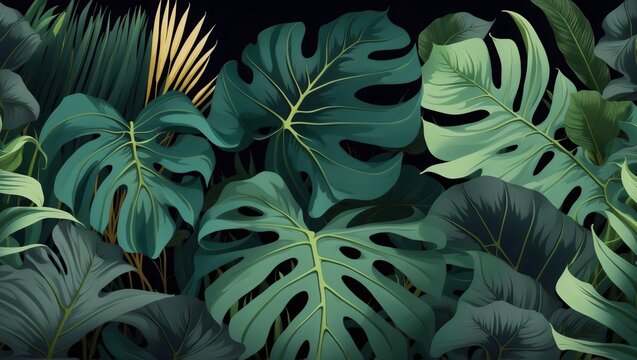 An illustrative top view of a tropical jungle with dense green leaves against a dark background. Depicts a tropical concept with vibrant foliage