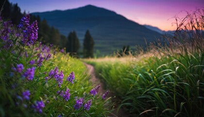 a grassy field with purple flowers in the foreground and a mountain in the distance with a purple sky in the background.