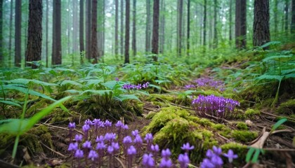 a forest filled with lots of purple flowers next to a forest filled with lots of green grass and tall trees.