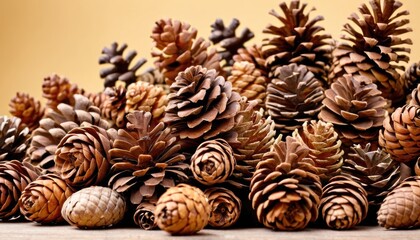 a pile of pine cones sitting on top of a wooden table covered in lots of different types of pine cones.