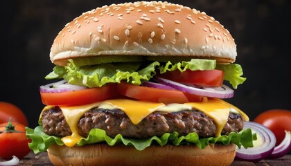 a cheeseburger with lettuce, tomato, onion, and mayonnaise on a wooden table.